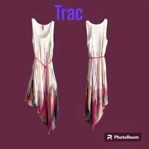 Trac Women’s Sleeveless Tank Watercolor Asymmetrical Dress with Belt Tassels Sma